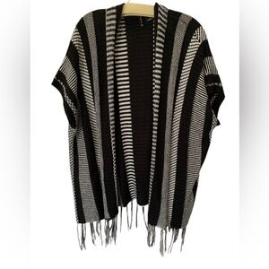 New Directions Fringe Open Knit Cardigan Sweater Vest Black White Stripe Women S